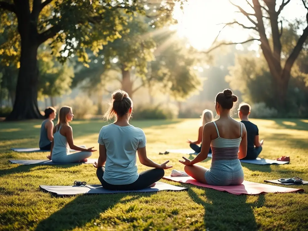 A group of people meditating outdoors in a peaceful temple setting, guided by a facilitator, illustrating the tranquil environment and expert guidance provided by CSA.