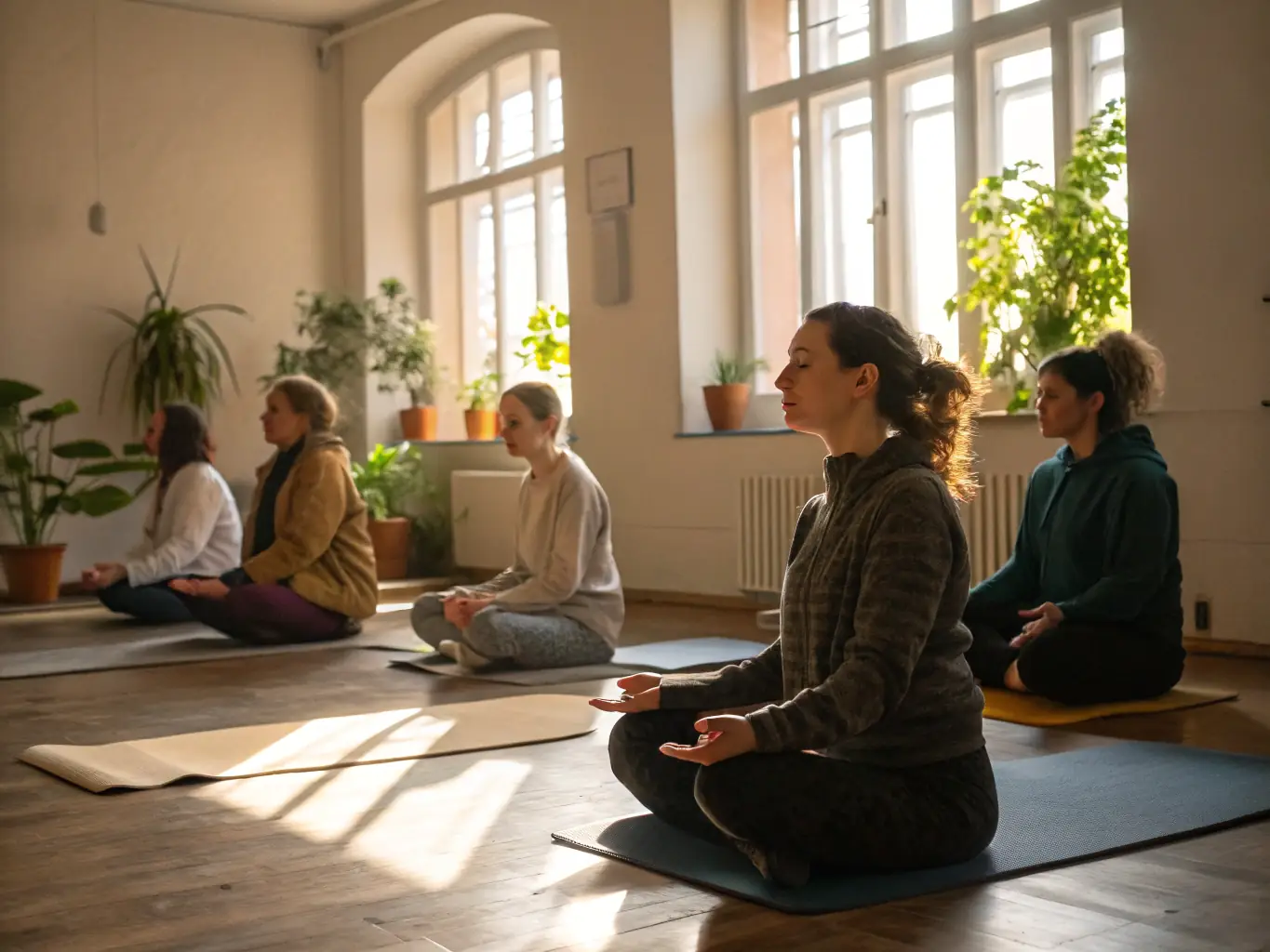 A serene image of a group of people meditating in a peaceful ashram setting, symbolizing the authentic spiritual experiences offered by CSA.