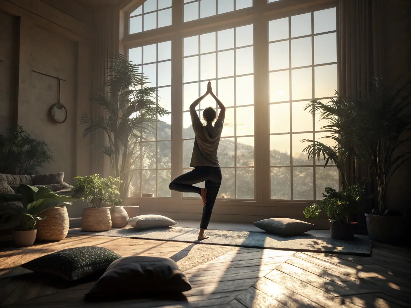 A peaceful natural setting with a yoga group practicing at sunrise near a sacred temple, highlighting the serene environment and spiritual ambiance of CSA's retreat venues.