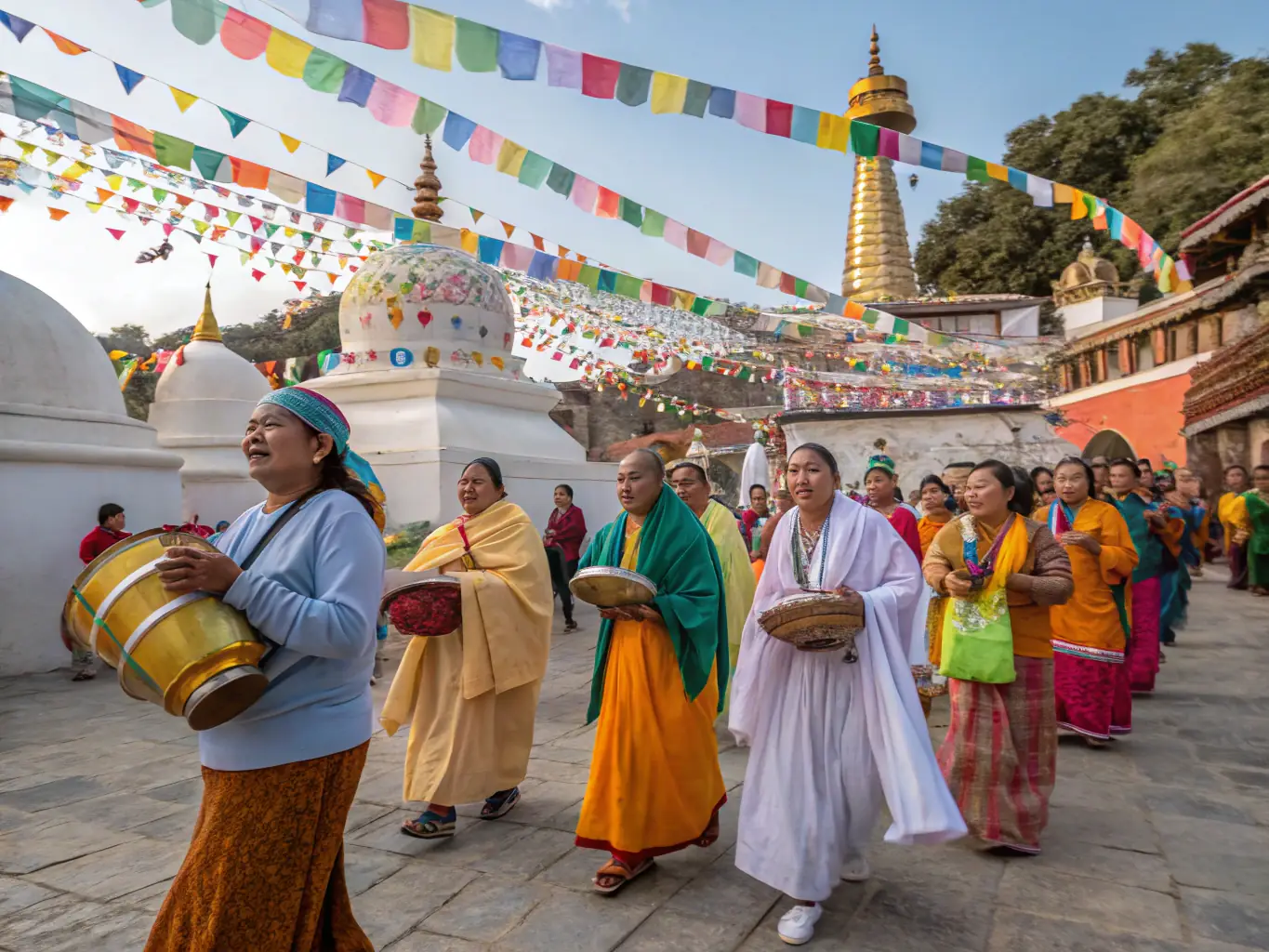 A vibrant image of a pilgrimage tour to a holy site in India, with pilgrims participating in traditional rituals and ceremonies.