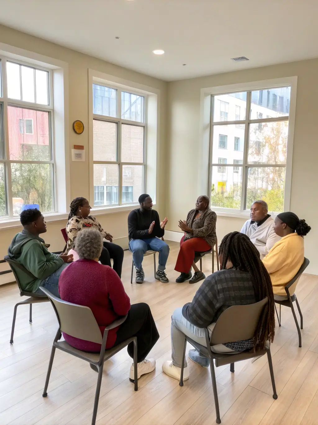 A diverse group of spiritual seekers from different countries engaging in a discussion, showcasing CSA's multilingual support.