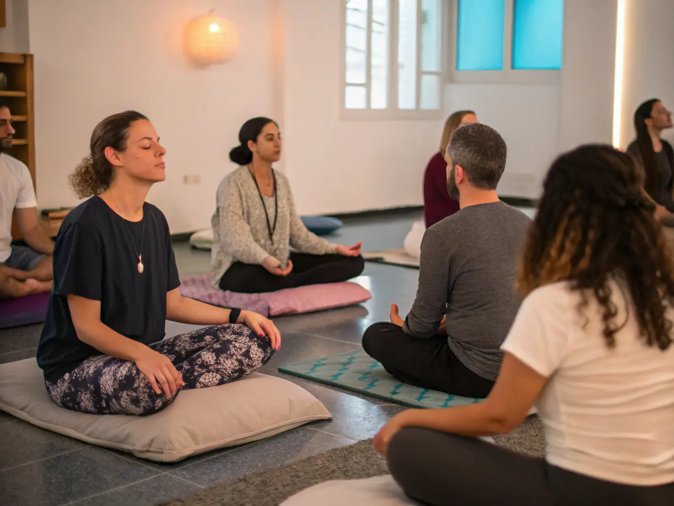 A serene image of a spiritual conference in progress, with attendees meditating in a peaceful setting, soft lighting, and a focus on the speaker.