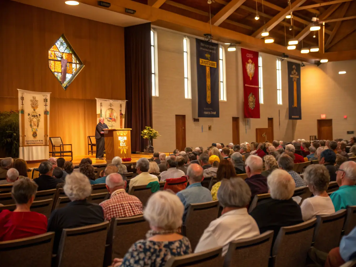 A serene conference hall filled with participants attentively listening to a spiritual leader during a CSA-organized event, showcasing the professional setup and engaged audience.