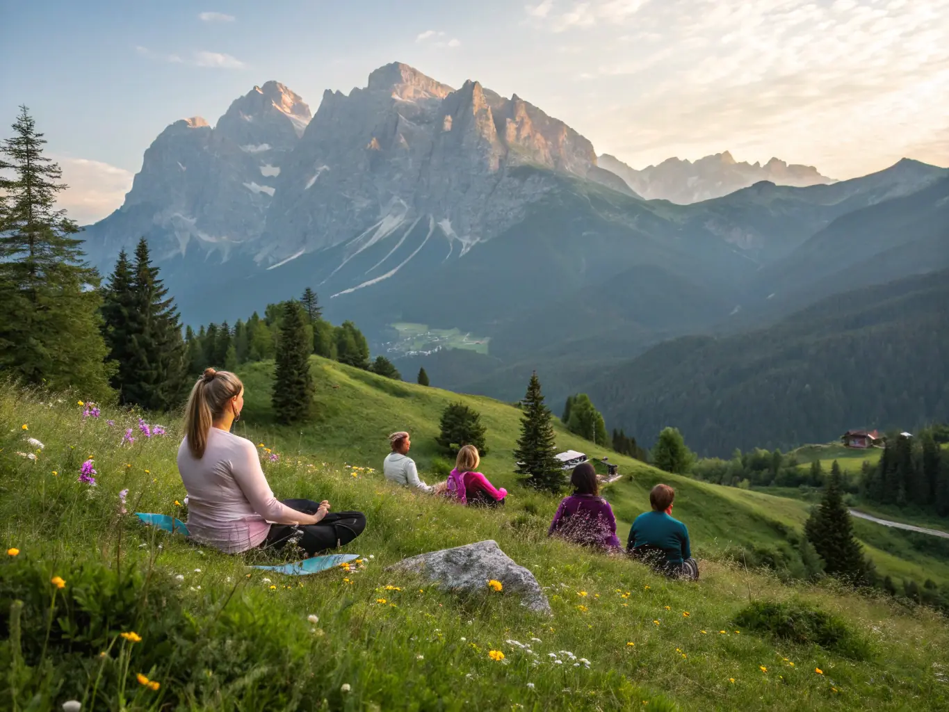 A tranquil image of a yoga and meditation retreat in the Himalayas, with participants practicing mindfulness amidst stunning natural scenery.