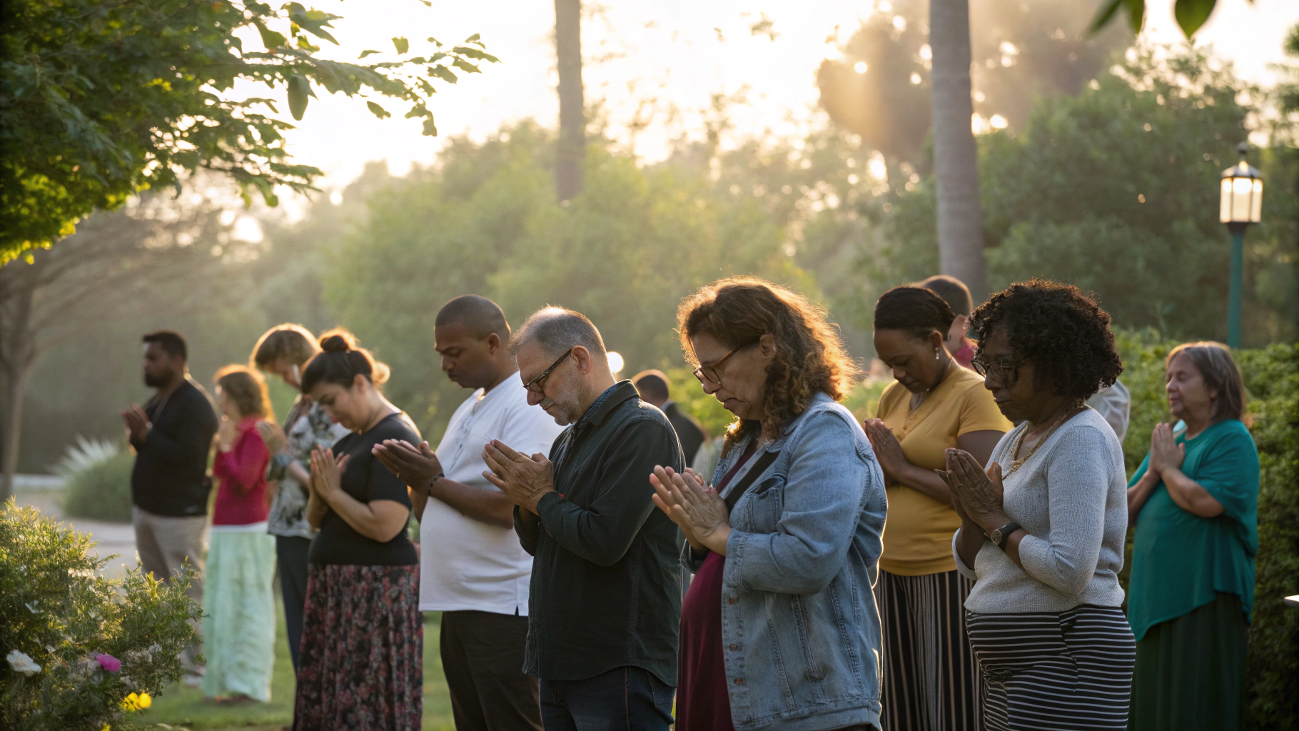Bright, inclusive, multi-faith sacred gathering setting with warm natural daylight